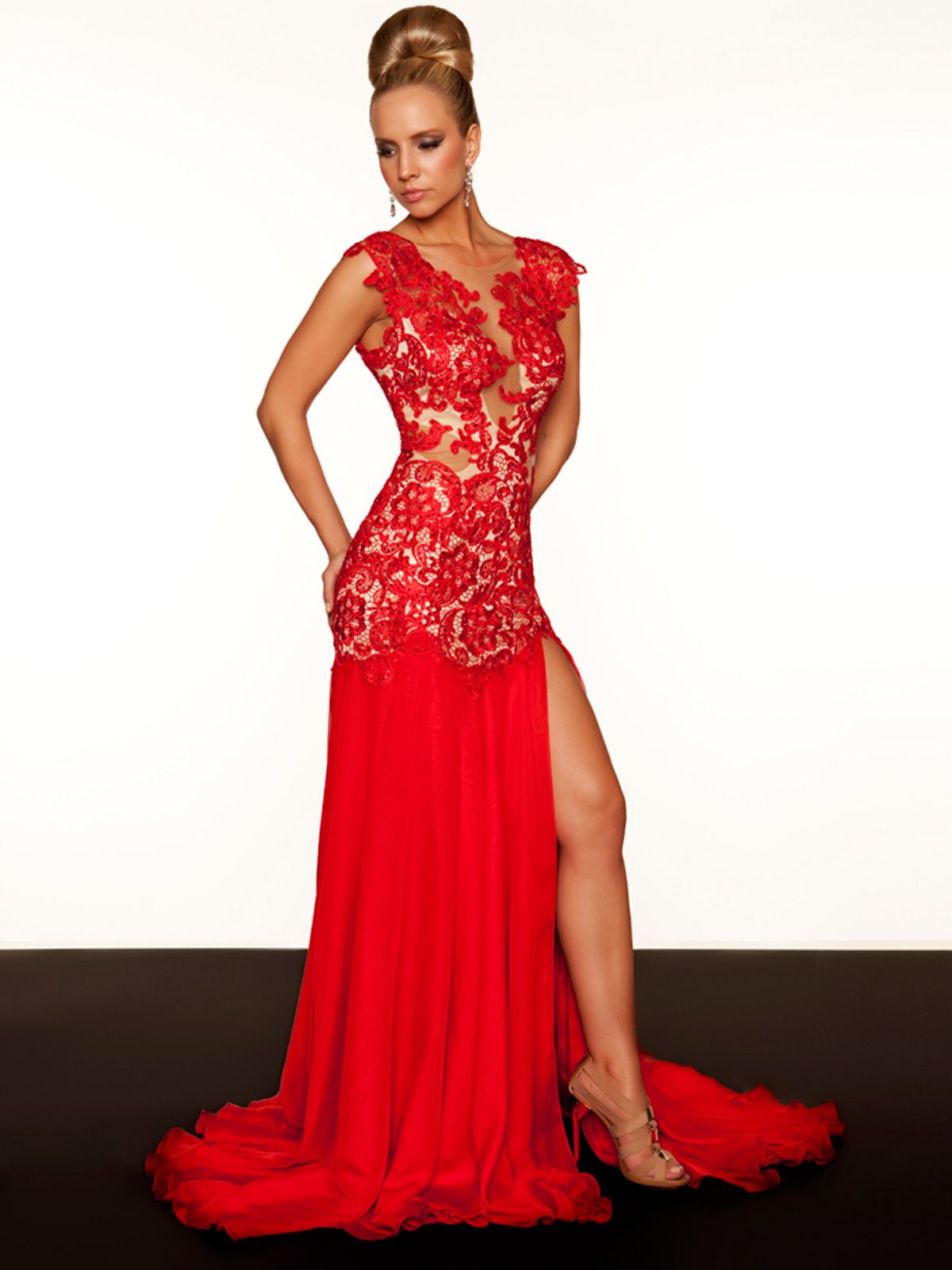 Captivating Stylish Sexy 2015 Red Lace Evening Dresses Chiffon ...