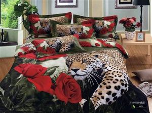 Bej Yorgan Setleri Kraliçesi toptan satış-Yeni serin d baskı hayvan leopar kaplan yatak yorgan set baskılı pamuk kraliçe tam yatak nevresim setleri gül