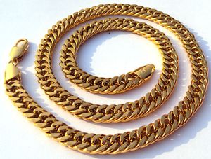 Ädla män 100% riktigt 24k gul solid guld smycken halsband kedja bred 11mm 23.6 tum nickel gratis, inte allergisk, inte lätt att ta sig