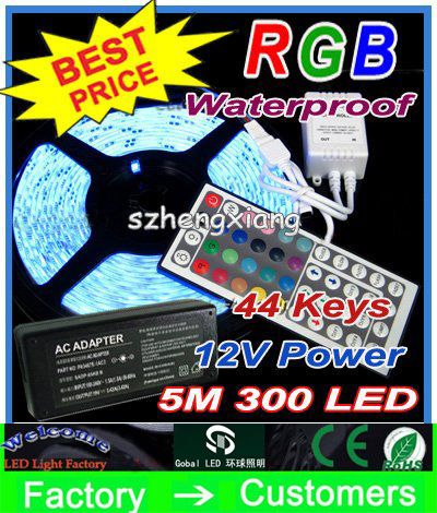 5M 5050 SMD RGB LED Strip light WATERPROOF + 44 key IR Remote Controller+power supply 110V-240V