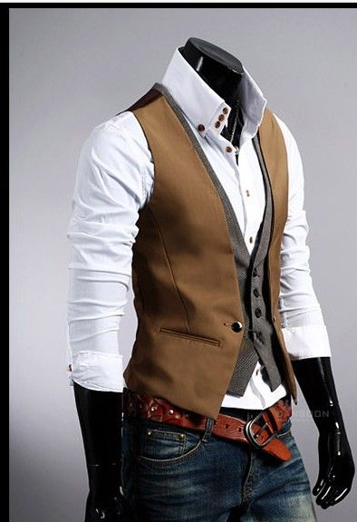 2013 New Arrival Korean Style Fashion Mens Vests Lattice Fake Two Slim ...