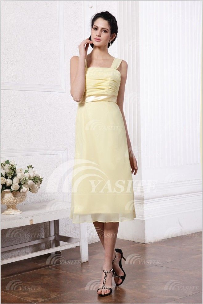 2013 Beloved Cool Welcome Square Wide Shoulders Tea-Length Ruffle Chiffon Elegant Bridesmaid Dress