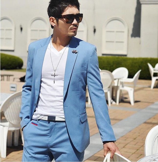 Best Custom Made Light Blue Fashion 1 Button Men's Suits Wedding ...