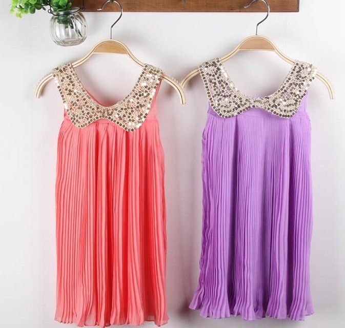 2013 Girls Dresses Fresh Chiffon Pleated Skirts Sequined Baby Doll