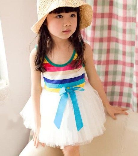 

4pcs* Summer Girl's Rainbow Dresses Baby Dress Children Skirts girl Bow Wide Stripe Tutu skirt, White