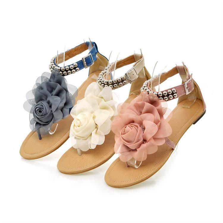 2013 New Arrival Sweaty Women Flat Sandals With Flower On Top Beading Strip Shoes From Columbia