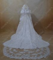 Wholesale 2016 Bridal Wedding Lace Veils Two Tiered Handmade Flowers Beaded Lace Appliques Long Tulle Bridal Veils