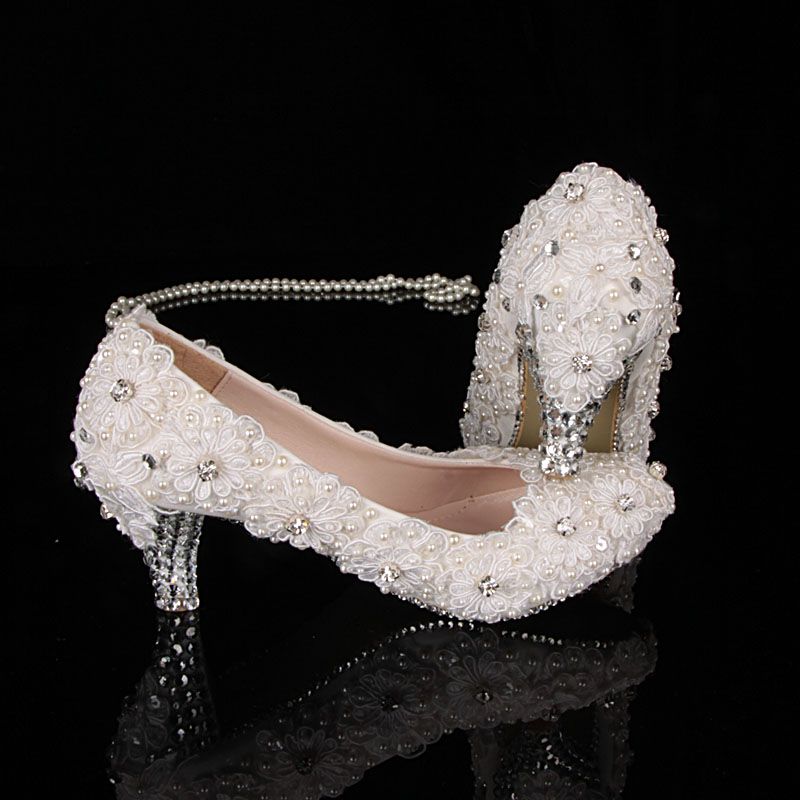 2013 New White Lace Rhinestone Low Heels Pumps Lace Pearl Wedding Shoes ...