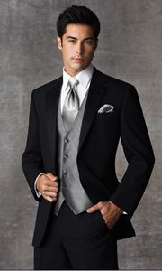 Custom Made Two Buttons Black Groom Tuxedos Notch Satin Lapel Groomsmen Men Wedding Suits(Jacket+Pants+Tie+Vest)H573