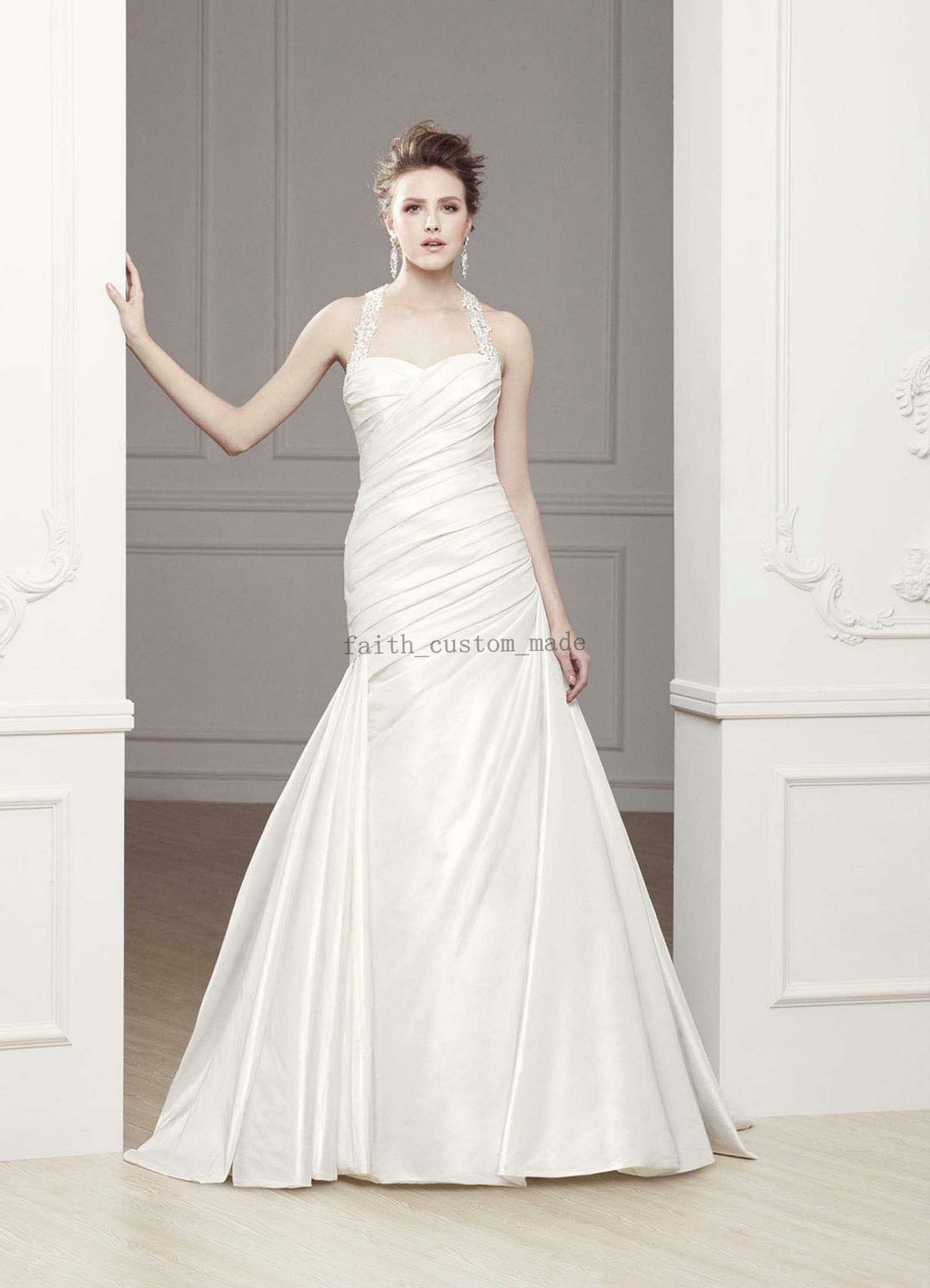 Cheap Mermaid Wedding Dresses Halter T Back Lace Ruching Floor Length