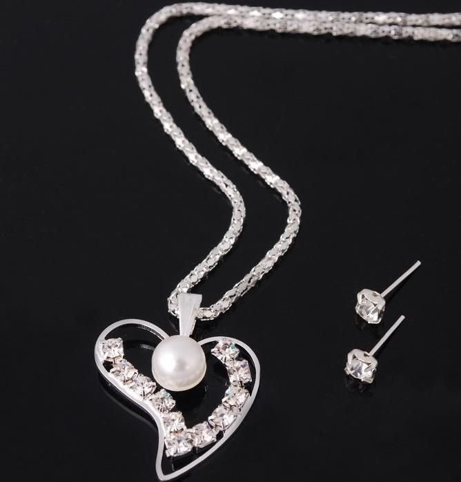 Silver Crystal Pearl Pendant Necklace +Stud Earrings Fashion Jewelry