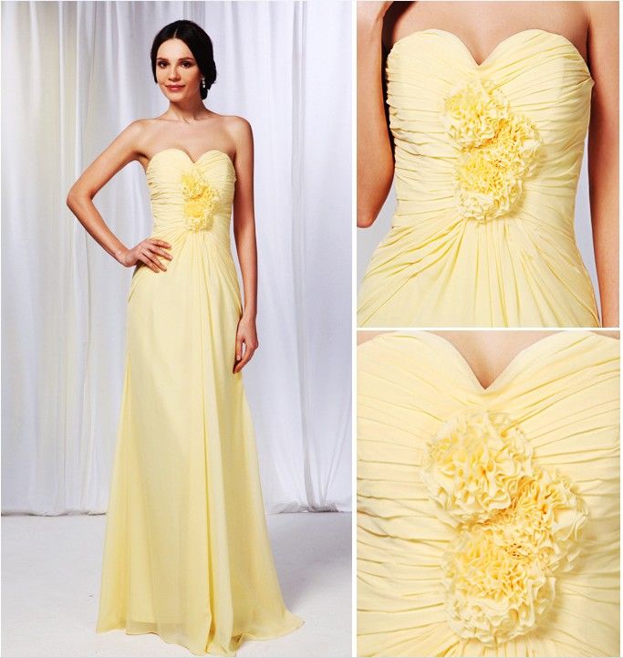 Light Yellow Bridesmaid Dresses Chiffon Sweetheart Zipper Hand Made