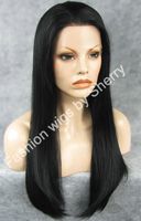 24&quot; Long #1 Black Silky Straight Heat Friendly Synthetic Hair Lace Front Wig