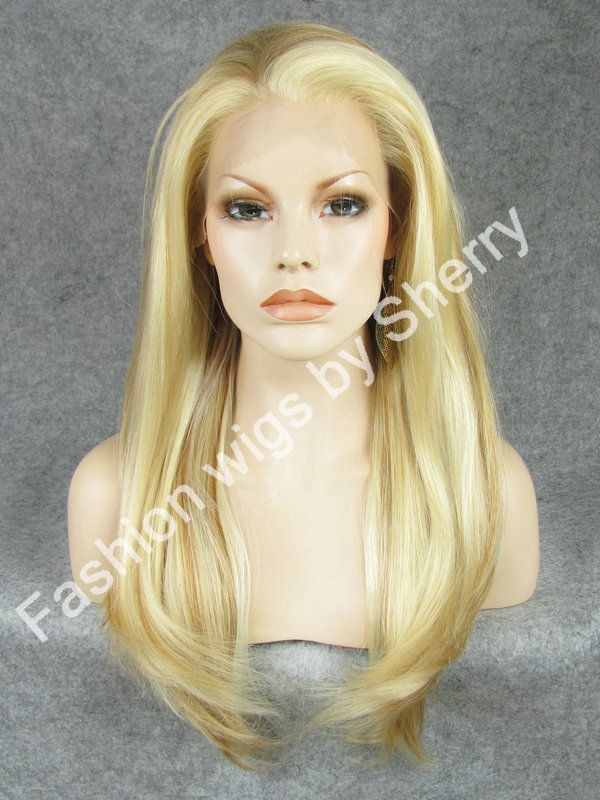 

24" Long #613/1001/27HR Mix Blonde Silky Straight 150% Density Heat Friendly Synthetic Hair Lace Front Fashion Wig S02