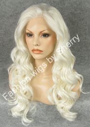 24" Long White Blonde Wavy Wig Heavy Density Heat Resistant Synthetic Hair Lace Front Wig