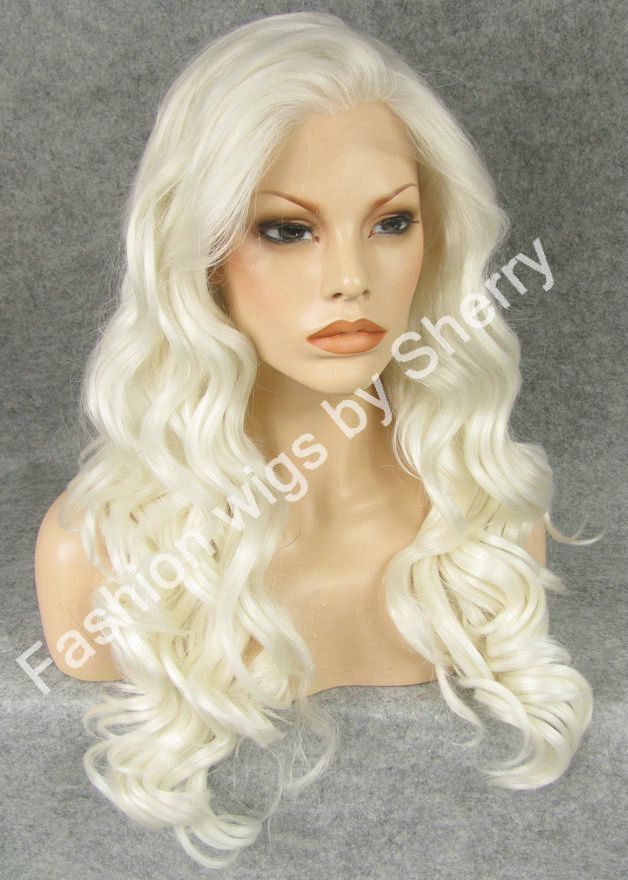 24" Long White Blonde Wavy Wig Heavy Density Heat Resistant Synthetic Hair Lace Front Wig