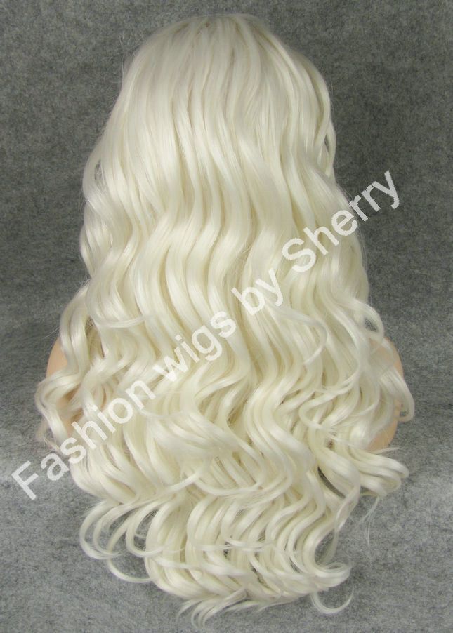 24" Long White Blonde Wavy Wig Heavy Density Heat Resistant Synthetic Hair Lace Front Wig