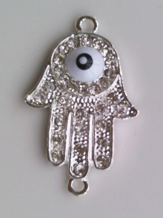Silver Plated Alloy Crystal Sideways Evil Eye Hand Hamsa Bracelet Connectors Bracelet Charms Jewelry Finding & Components 