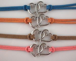 10 pz/lotto colori misti 2 cuori amano il braccialetto di modo del braccialetto di cuoio del braccialetto del cavo di cuoio del cuore