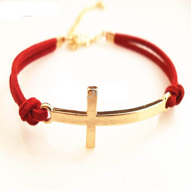 Cross lederen armband gouden kruis armband snoep kleur lederen ketting zeven kleuren