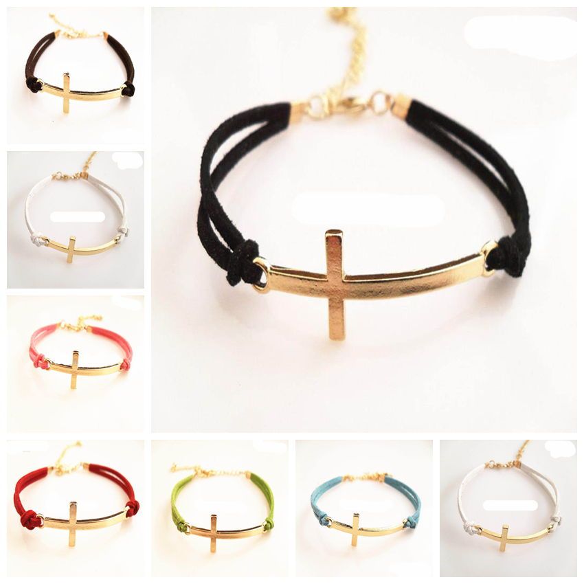 Cross lederen armband gouden kruis armband snoep kleur lederen ketting zeven kleuren