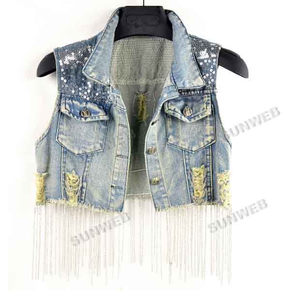 New Womens Sequin Chain Denim Sleeveless Short Jacket Outerwear Jeans ...