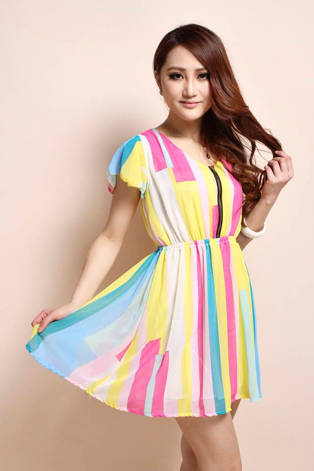 Fashion Women Ladies Short Dresses Short Sleeve Striped Chiffon Summer ...