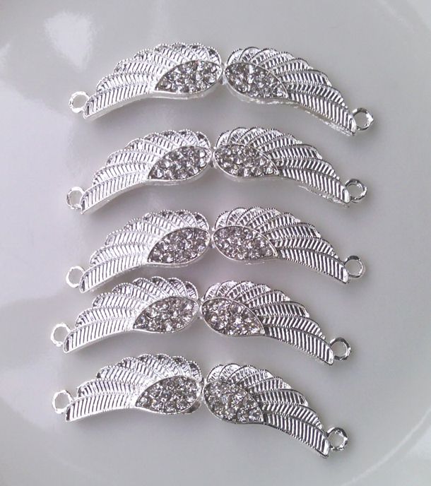 2013 New Silver Plated Metal Alloy Crystal Rhinestone Angel wings Bracelet Connectors Bracelet Charms Jewelry Finding & Components 