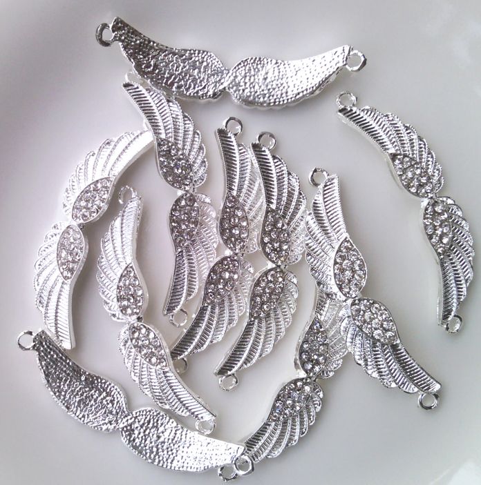 2013 Nowy Posrebrzany Metalowy Stop Crystal Rhinestone Angel Wings Bransoletka Złącza Bransoletka Charms Biżuteria Znalezienie komponentów 20 sztuk / partia