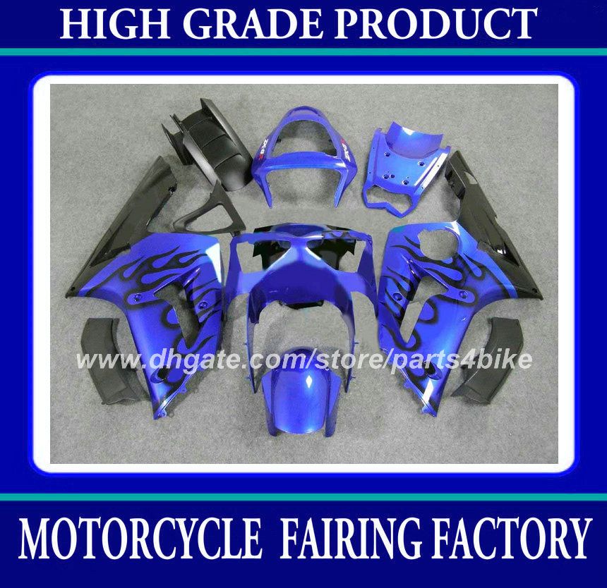 

custom race fairing kit for Kawasaki Ninja ZX-6R 636 ZX6R 03 04 ZX-6R 2003 2004 fairings black flames in blue motorcycle body work set RX5z, Same as picture