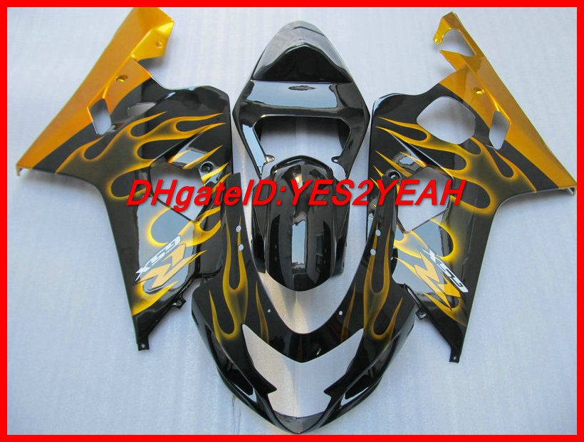 Golden Flames Black Fairing Body Kit voor Suzuki GSXR 600 750 K4 2004 2005 Carrosserie GSXR600 GSXR750 04 05 Injectie Verklei Set + Geschenken