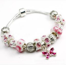 Moda europeus Design Bonito grânulos de charme prata 925 Pulseira, miçangas DIY frisado de prata rosa borboleta talão de diamante bracelet.ZSSB-126