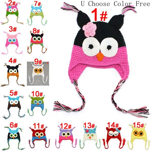 

Toddler Owl Crochet Knit Woolly EarFlap Hat Baby Handmade crochet Hat childrens handmade owl Knitted hat 15Color For Choose 0-2T, 15 color choose