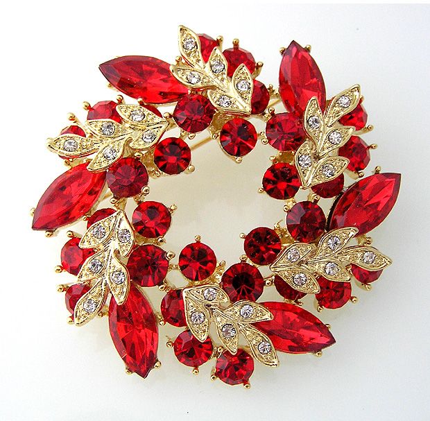 

2 Inch Gold Plated Red Rhinestone Crystal Wreath Flower Brooch