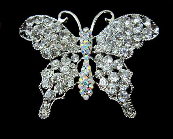 

Beautiful Silver Tone Clear and Clear AB Crystal Large Size Butterfly Brooch
