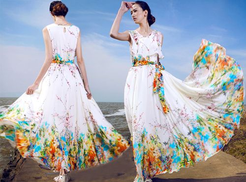 Women Summer Chiffon Boho Dress Round Neck Sleeveless Floral Print Beach Dresses Party Gown