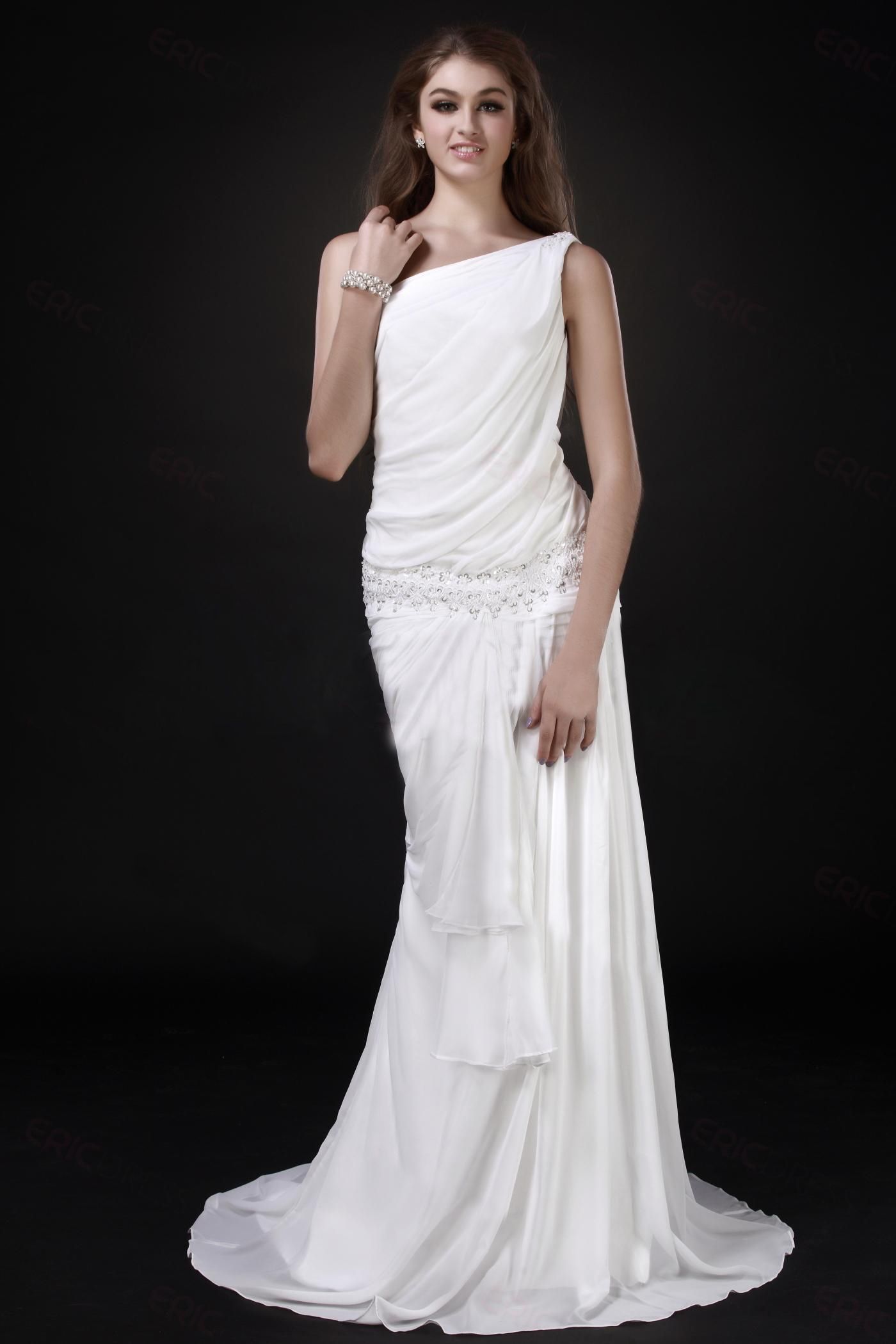 Vintage Beach Wedding Dress Greek Goddess Ruffle One Shoulder Sequin A