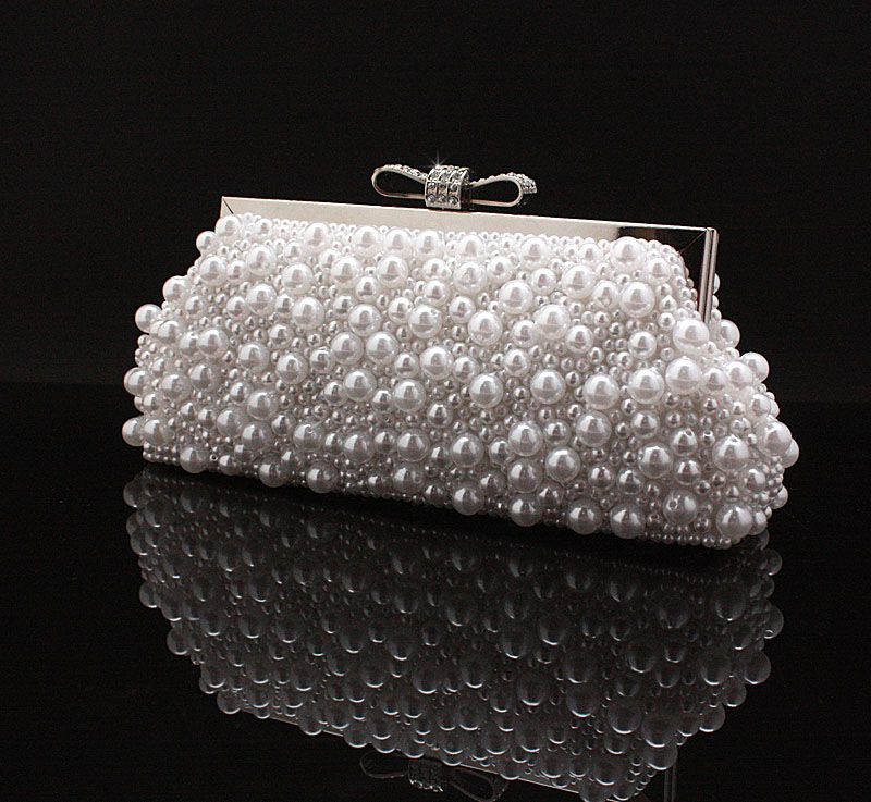 Handmade Perfect Womens White Color Pearl Bow Satin Rhinestone Clutch