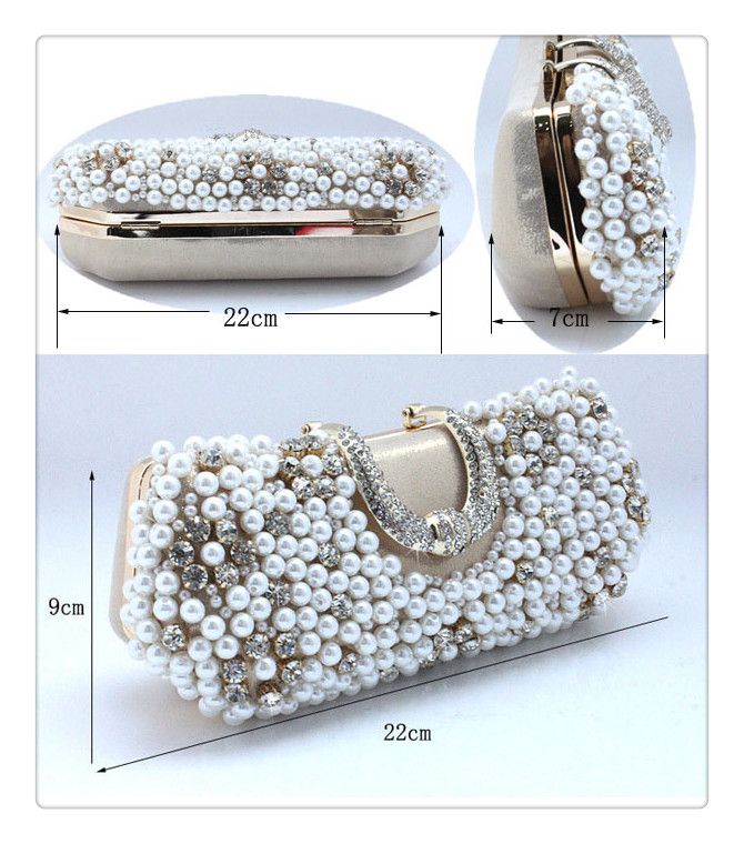 Handmade Perfect Womens Gold Color Pearl Bow Satin Rhinestone Clutch
