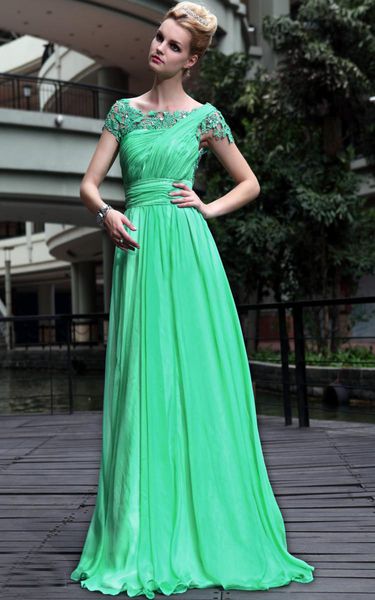 Beautiful Charming Green A Line Lace Formal Evening Dresses Cap Sleeves