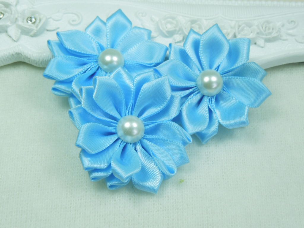Mini Cute Satin Ribbon Multilayers Flower With Pearl Appliques Fabric ...