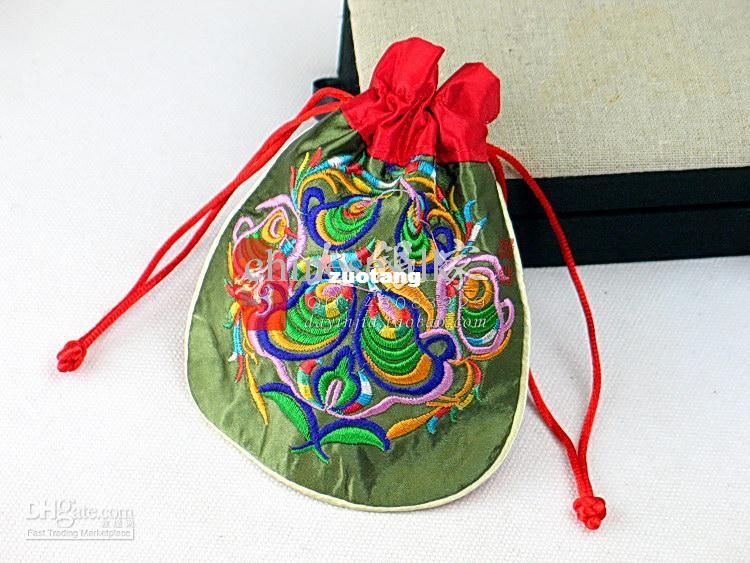 Satin Fabric Jewelry Pouch Drawstring Unique Embroidered Small Gift Bags 50pcs/lot mix color Free