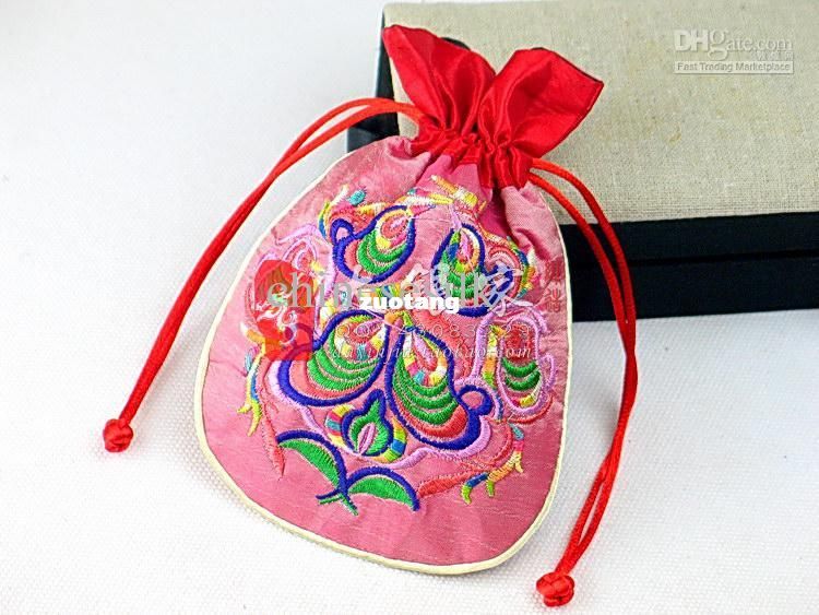 Satin Fabric Jewelry Pouch Drawstring Unique Embroidered Small Gift Bags 50pcs/lot mix color Free