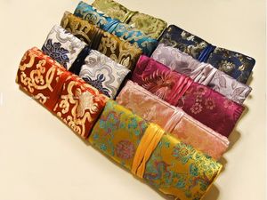 three Zipper Jewelry Roll Up Clutch Bag Travel Storage Drawstring Chinese Silk Brocade Women Cosmetic Makeup Packaging Pouch