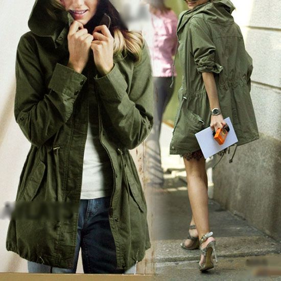 New Womens Hoodie Drawstring Army Green MiliTary Trench Parka Coat