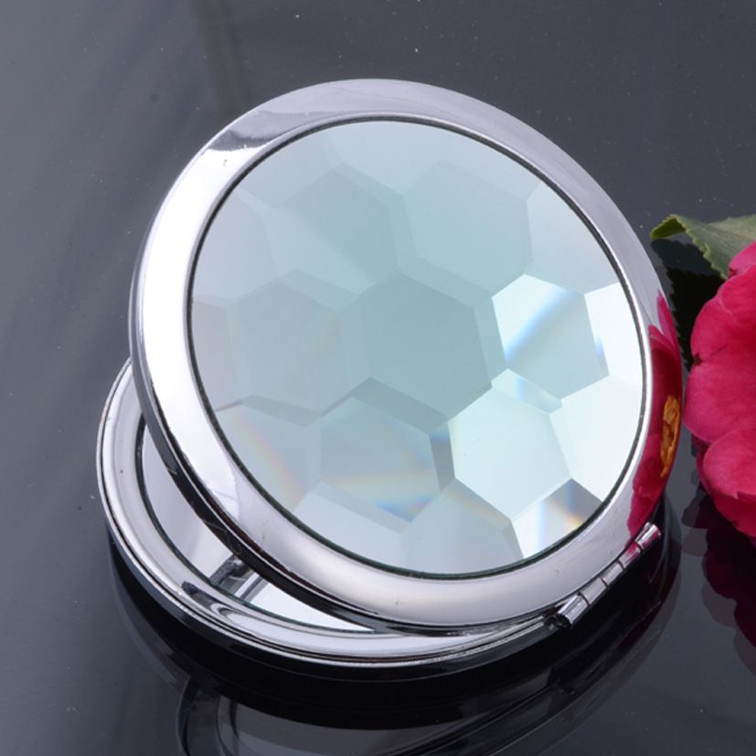 Faced Small Round Mirror Art Craft Folding Compact Crystal