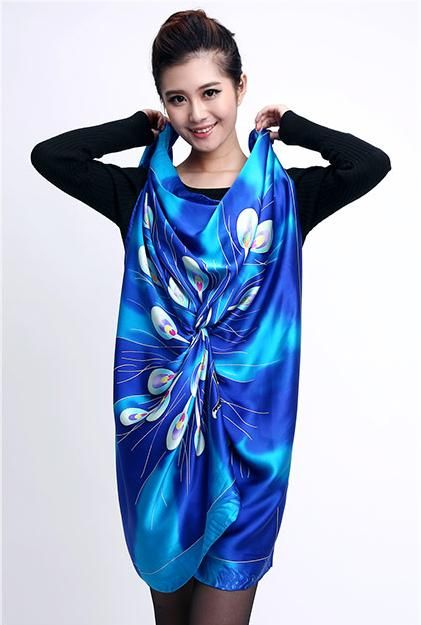 Brilliant Blue Peacock Hand Painted Art Women Silk Scarves/130cm Square ...