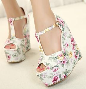 Extra Big Small Size da 30 a 43 Sexy Flower Floral T-Strappy Sandali Platform High Wedge Heels Sandal Multi Colors