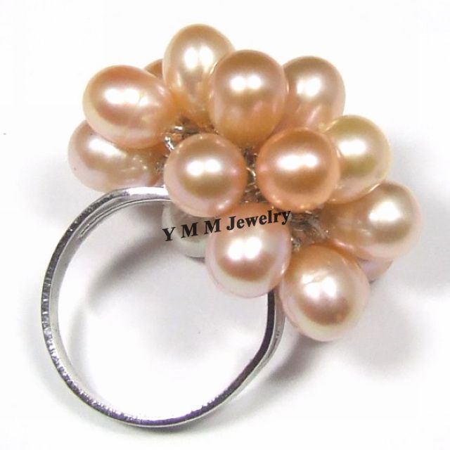 Adjustable Natural Pearl Cluster Rings Black, White, Orange Fresh Water Pearls Rings 6pcs