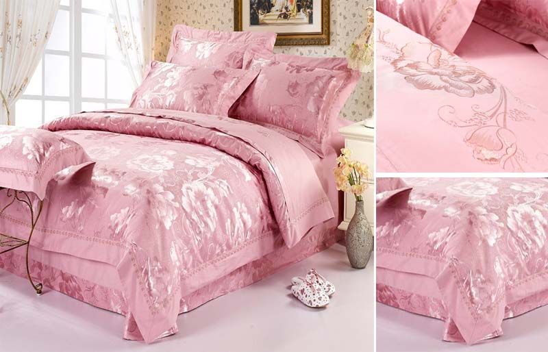 Luxury Peach Of Soft Silk Cotton Bedding Set Jacquard And Embroidery Craft Full Or Queen Size